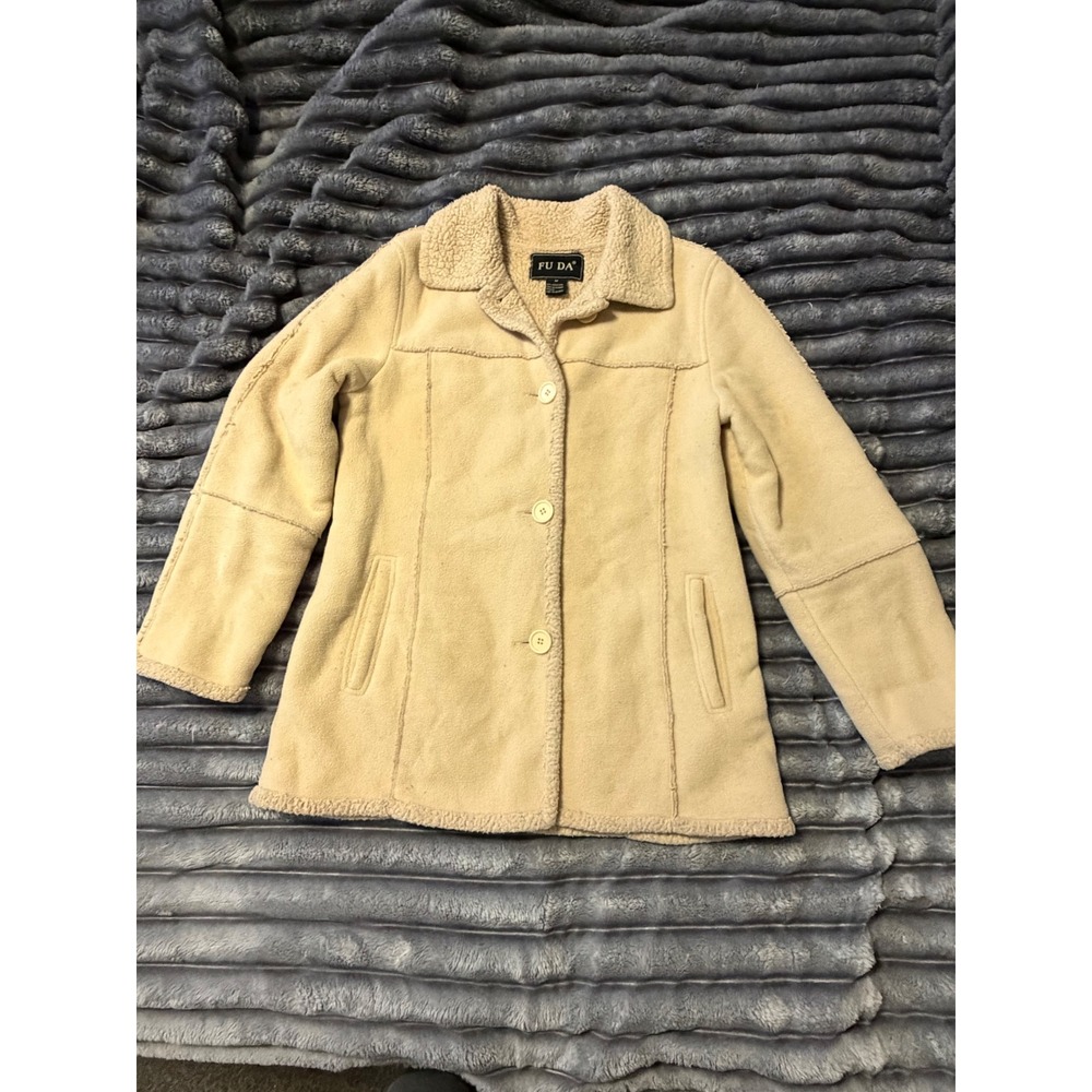 Fu Da Cream Faux Suede Sherpa Lined Jacket Womens Medium Tan Button Front Coat